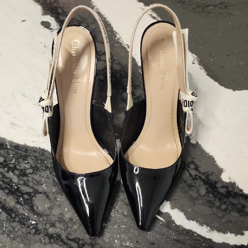Dior Black Patent Slingback Pumps with White J'Adior Straps - Picture 2 of 5